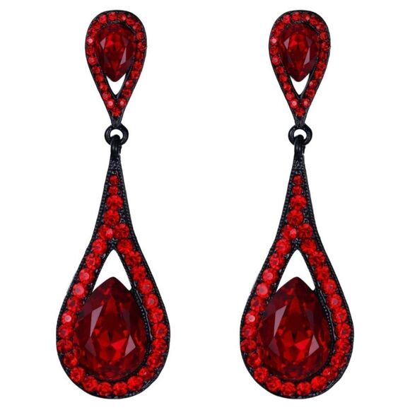 Carbon Black with Ruby Red Austrian Crystal Dual Dangling Teardrop Earrings - Picture 1 of 4